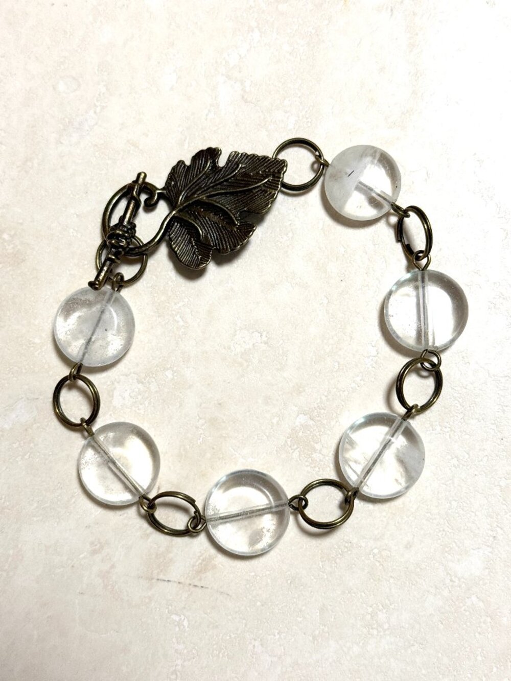 2/20, Natural Clear Quartz Bracelet, Genuine Gemstone + Bronze Grape Leaf Toggle